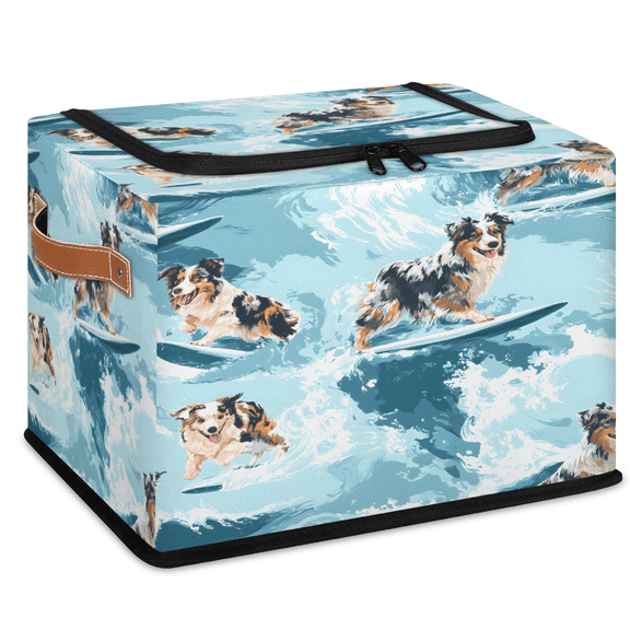 CURLYOOT Dog Surfing Storage Bin with Zipper Lid, Foldable Clothes Organizer Dogs Animal Lidded Storage Baskets, Rectangular Box Closet Shelf Organizer for Living Room Bedroom Home