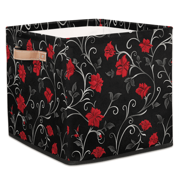 CURLYOOT Retro Flower Cube Storage Bin, 13 x 13 x 13 Storage Cube Bins for Organizing, Red Floral Fabric Foldable Closet Baskets with Handles for Closet, Shelves, Clothes