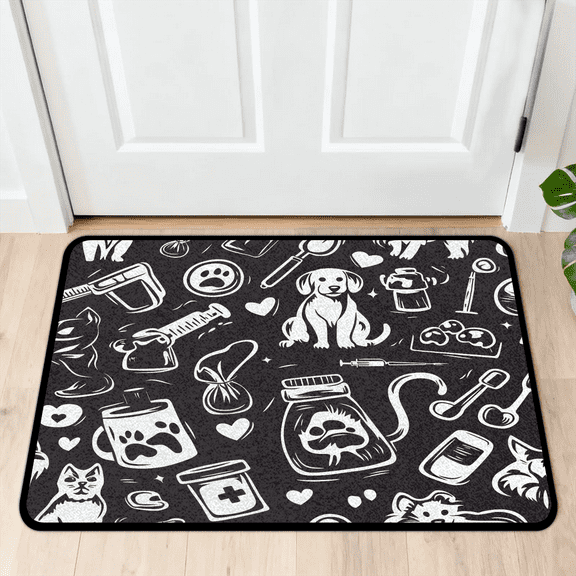 CURLYOOT Dogs Indoor Doormat, Non-Slip Absorbent Door Mat 24" x 16", Black Puppy Pets Entrance Floor Mat Washable Entry Doormats for Entryway Front Back Door