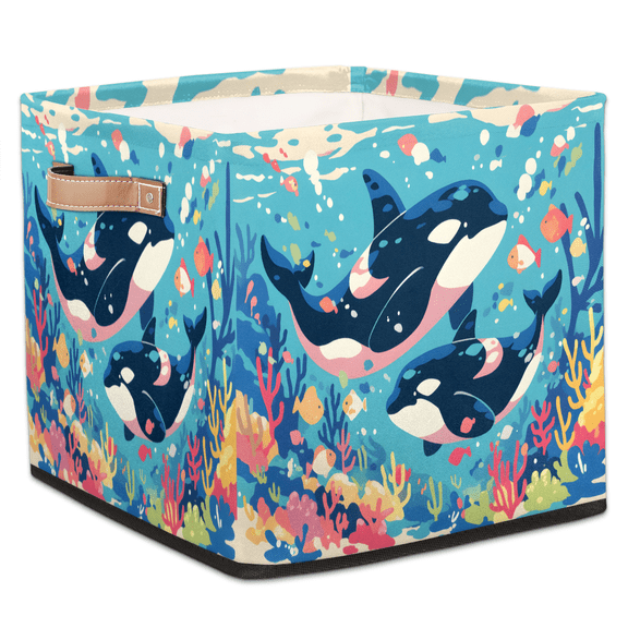 CURLYOOT Dolphin Animal Sea World Cube Storage Bin, 13 x 13 x 13 Storage Cube Bins for Organizing, Fabric Foldable Baskets with Handles for Closet, Shelves, Clothes