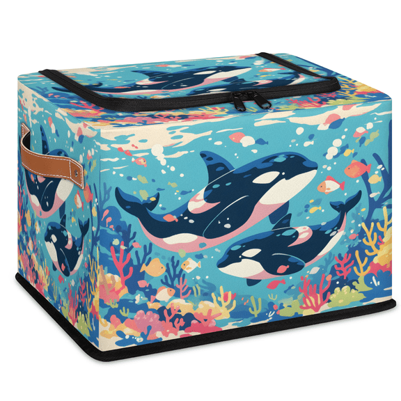 CURLYOOT Dolphin Animal Sea World Storage Bin with Zipper Lid, Fabric Storage Basket with Handles, Decorative Foldable Storages Box Clothes Organizer for Closet, Shelf