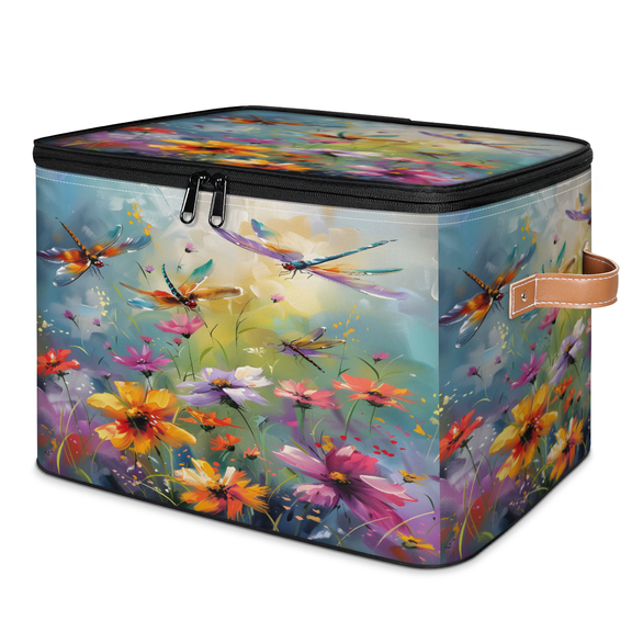 CURLYOOT Dragonflies Floral Watercolor Storage Bins with Lid, Decorative Fabric Storage Boxes, Foldable Closet Shelf Organizer Baskets for Bedroom, Living Room, Home