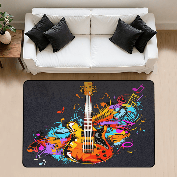 CURLYOOT Electric Guitar Music Band Theme Rug for Living Room Bedroom, 4x6 Ft Washable Area Rug, Non Slip Rugs for Entryway, Large Carpet for Indoor Dining Room