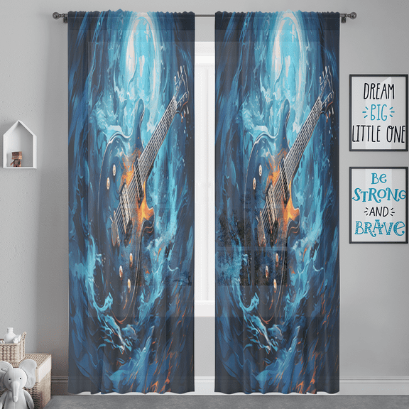 CURLYOOT Electric Guitar Music Sheer Curtains 84 Inches Long, 2 Panels Set, Rod Pocket Semi Sheer Light Filtering Window Drapes for Bedroom, Living Room, 52 x 84 Inch