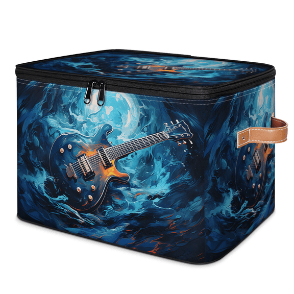 CURLYOOT Electric Guitar Music Storage Bin with Zipper Lid, Fabric Decorative Lidded Storage Baskets Boxes, Foldable Organizer Container Basket for Bedroom Closet Shelf