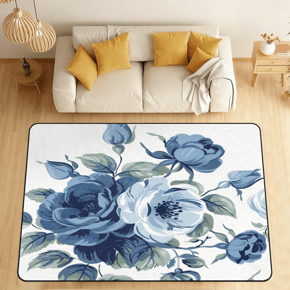 CURLYOOT Elegant Blue Roses Area Rugs for Living Room Bedroom, 4' 10" x 6' 8" Washable Rug, Floor Carpet with Non Slip Backing for Dining Room Indoor