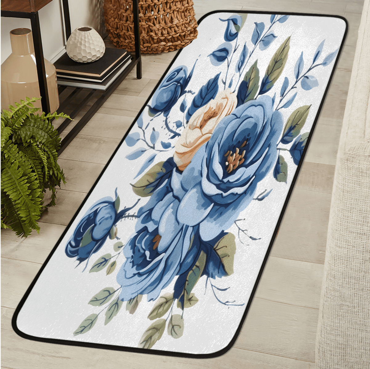 Rose Blue Rug CURLYOOT Elegant Blue Roses Flower Runner Rug 2'x6' Washable Kitchen ...