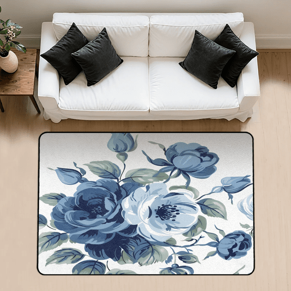 CURLYOOT Elegant Blue Roses Rug for Living Room Bedroom, 4x6 Ft Washable Area Rug, Non Slip Rugs for Entryway, Large Carpet for Indoor Dining Room