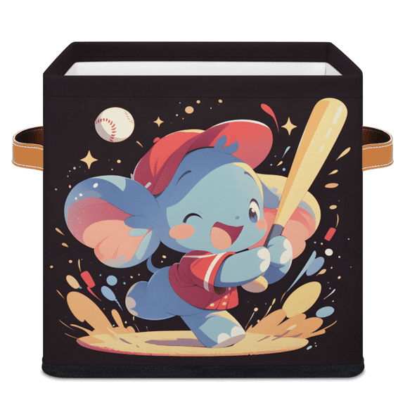 CURLYOOT Elephant Animal Cube Storage Bin, 11 Inch Storage Cube Fabric Bin for Shelves, Playing Baseball Foldable Clothes Organizer Baskets with Leather Handle for Closet Home