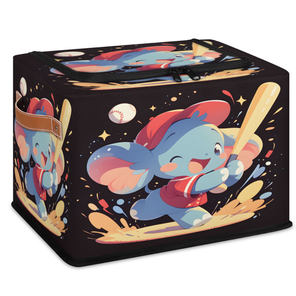 CURLYOOT Elephant Animal Storage Bin with Zipper Lid, Playing Baseball Fabric Storage Basket with Handles, Decorative Foldable Storages Box Clothes Organizer for Closet, Shelf