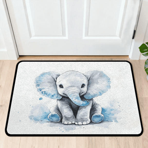 CURLYOOT Elephant Cute Cartoon Watercolor Front Door Mat, Washable Non-Slip Door Mat, Indoor Outdoor Floor Mats Absorbent Welcome Doormat for Entrance 20" x 30"
