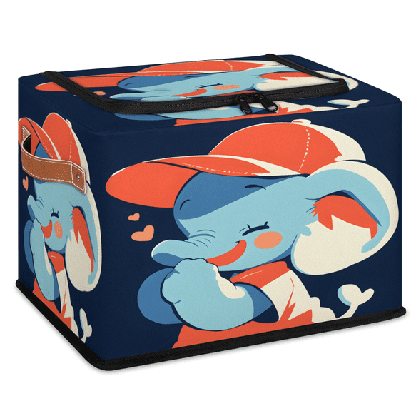 CURLYOOT Elephant with Red Hat Storage Bin with Zipper Lid, Fabric Storage Basket with Handles, Decorative Foldable Storages Box Clothes Organizer for Closet, Shelf