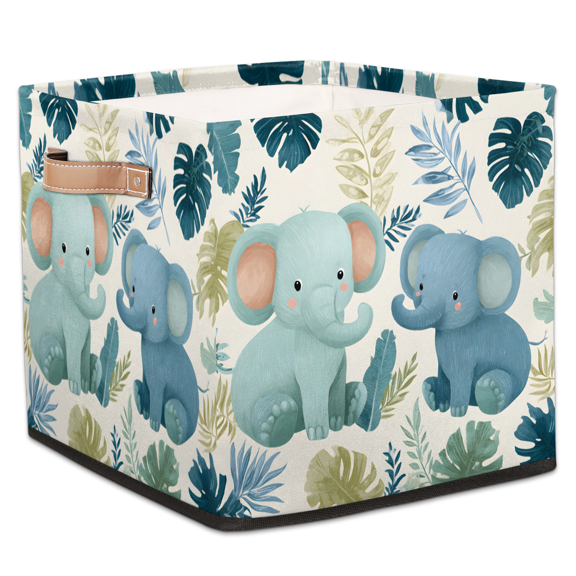 CURLYOOT Elephants Palm Leaves Cube Storage Bin, 13 x 13 x 13 Storage Cube Bins for Organizing, Fabric Foldable Closet Baskets with Handles for Closet, Shelves, Clothes