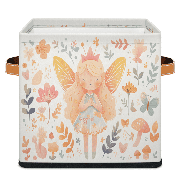 CURLYOOT Elf Botanical Cube Storage Bin, 11 Inch Storage Cube Fabric Bin for Shelves, Flower Plant Foldable Clothes Organizer Baskets with Leather Handle for Closet Home