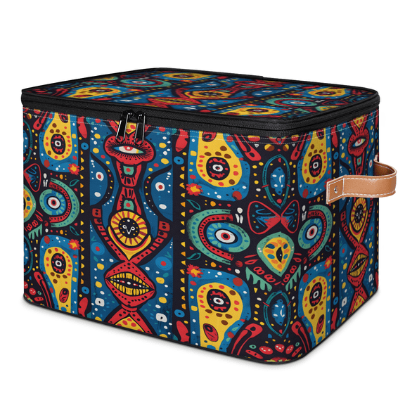 CURLYOOT Ethnic Abstract Geometric Storage Bins with Zipper Lid Fabric Storage Baskets Boxes Boho Washable Foldable Clothes Organizer Container with Leather Handles for Shelves Closet