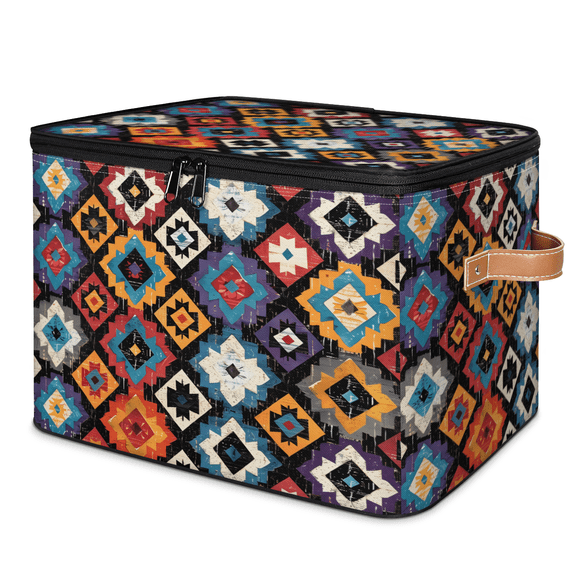 CURLYOOT Ethnic Bohemian Storage Bins with Zipper Lid Fabric Storage Baskets Boxes Western Aztec Washable Foldable Clothes Organizer Container with Leather Handles for Shelves Closet