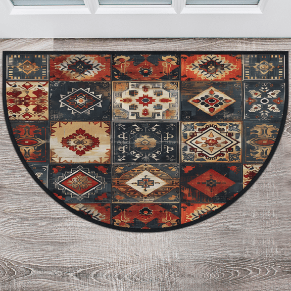 CURLYOOT Ethnic Floral Half Round Door Mat, Indoor Outdoor Entrance Rug, Rustic Western Semi Circular Area Rug, Non Slip Washable Absorbent Doormat, Laundry Room Rug 40'' x 63''