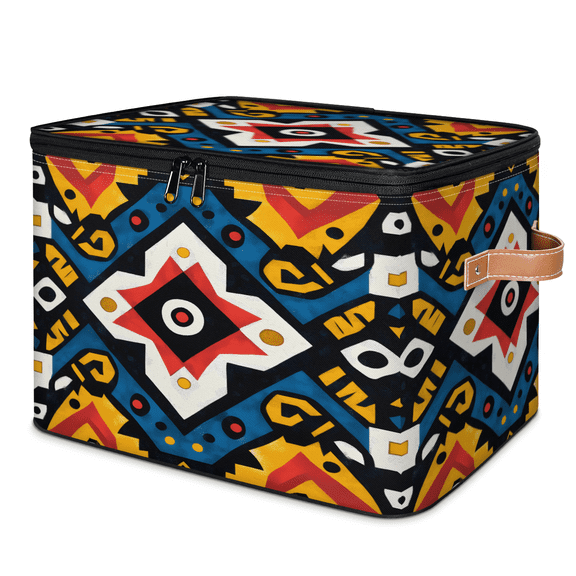 CURLYOOT Ethnic Storage Bins with Zipper Lid Fabric Storage Baskets Boxes Abstract Geometric Washable Foldable Clothes Organizer Container with Leather Handles for Shelves Closet