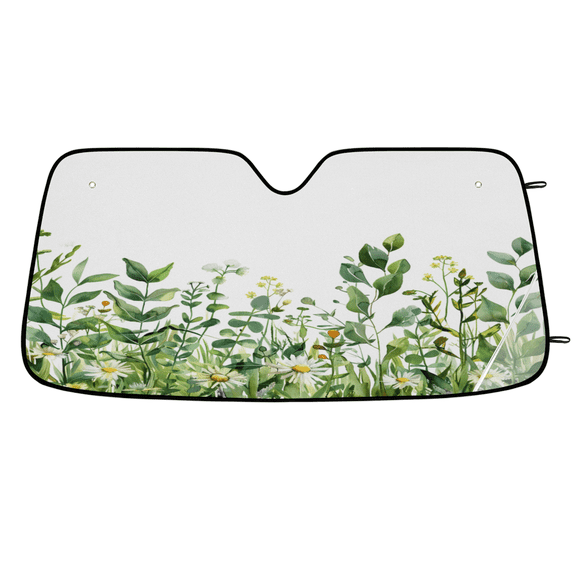CURLYOOT Eucalyptus Daisy Floral Leaves Car Windshield Sun Shade, Foldable Front Window Sunshade Blocks UV Rays, Summer Spring Window Shades for Car SUV Truck, 55 x 27.5 Inch