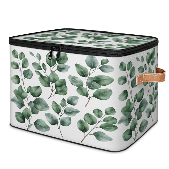 CURLYOOT Eucalyptus Fabric Storage Bins with Lids, Eucalyptus Leaves Foldable Storage Boxes Washable Storage Cube, Closet Bedroom Home Organizer Containers with PU Leather Handles