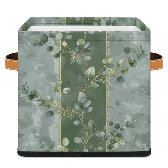 CURLYOOT Eucalyptus Leaves Cube Storage Bin 11 Inch Fabric Storage Cube for Shelves Decorative Green Leaves Foldable Basket with Leather Handle for Closet Shelves Organizer