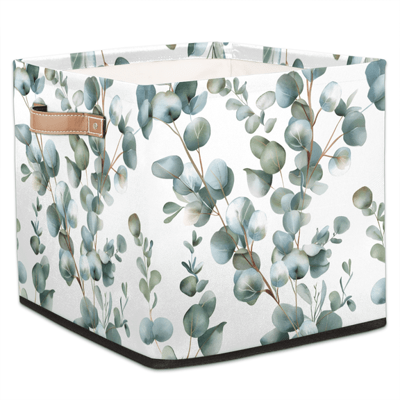 CURLYOOT Eucalyptus Leaves Cube Storage Bin, 13 x 13 x 13 Storage Cube Bins for Organizing, Summer Leaves Fabric Foldable Closet Baskets with Handles for Closet, Shelves, Clothes