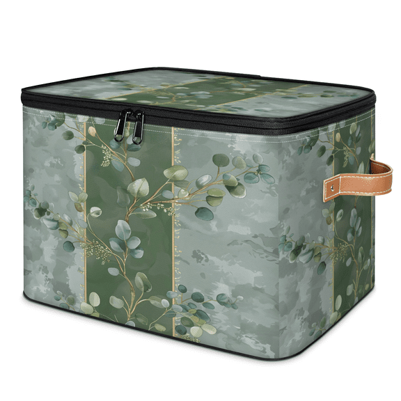 CURLYOOT Eucalyptus Leaves Fabric Storage Bins with Lids, Green Leaves Foldable Storage Boxes Washable Storage Cube, Closet Bedroom Home Organizer Containers with PU Leather Handles