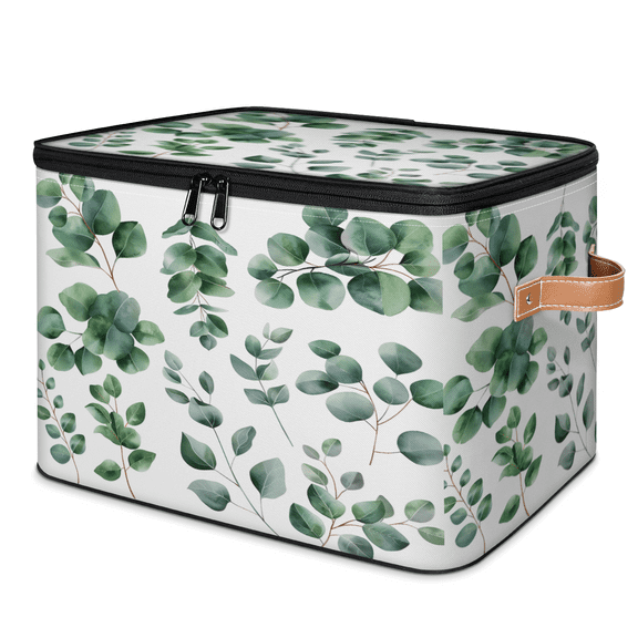 CURLYOOT Eucalyptus Leaves Fabric Storage Bins with Lids, Sage Green Foldable Storage Boxes Washable Storage Cube, Closet Bedroom Home Organizer Containers with PU Leather Handles