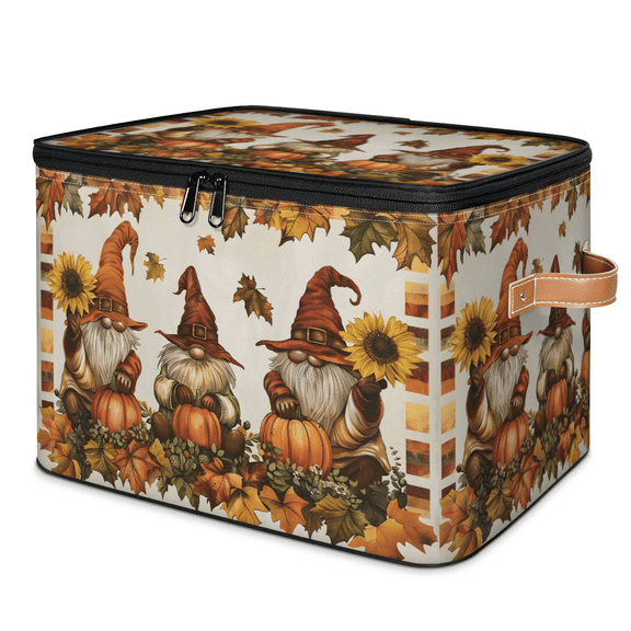 CURLYOOT Fall Gnomes Storage Bins with Zipper Lid Fabric Storage Baskets Boxes Pumpkins Harvest Washable Foldable Clothes Organizer Container with Leather Handles for Shelves Closet