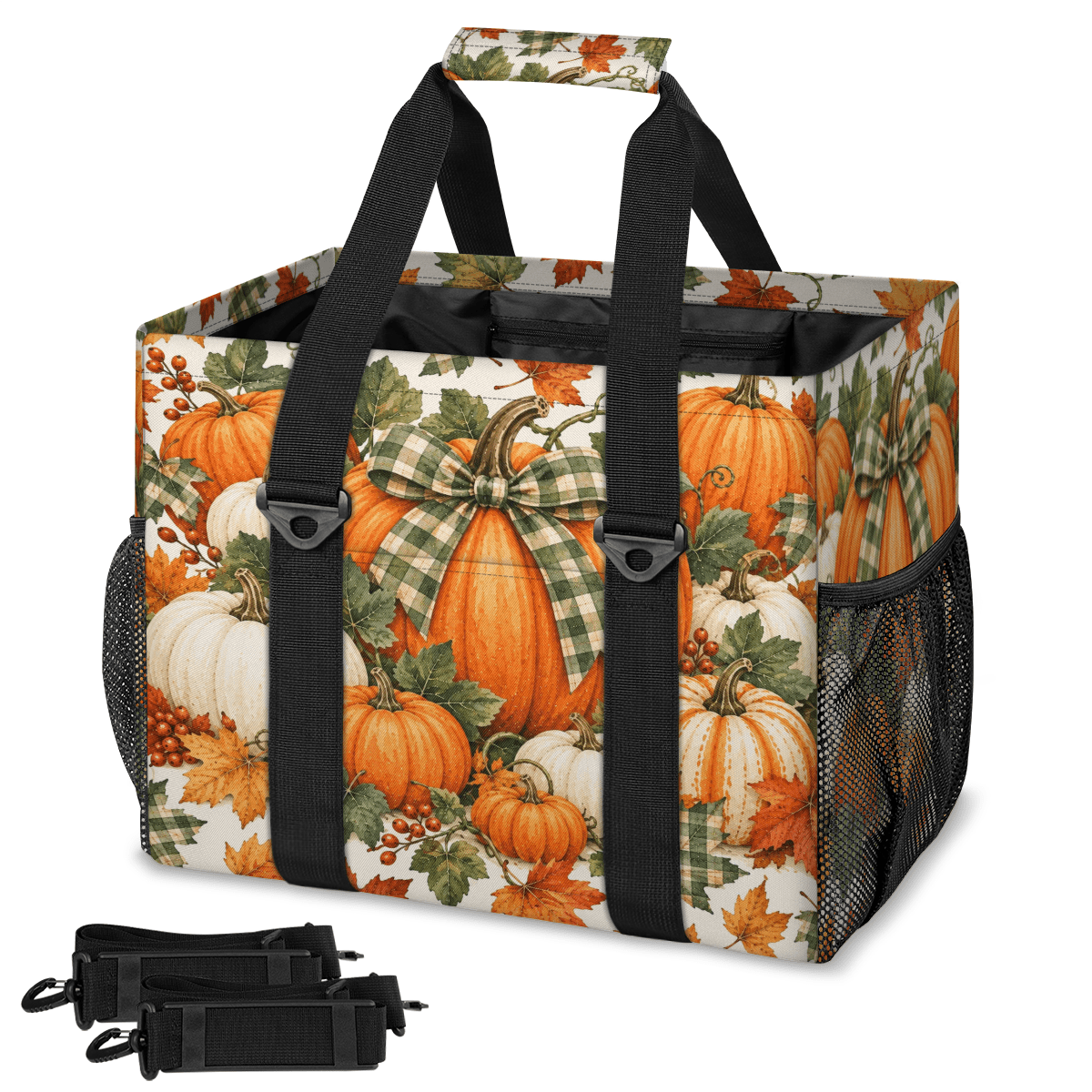 CURLYOOT Fall Leaves Pumpkin Bow Reusable Grocery Bag, Large Shopping ...