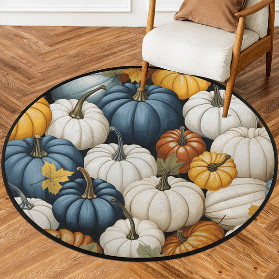 CURLYOOT Fall Pumpkin 5.2ft Round Rug for Living Room, Large Washable Area Rug, Non Slip Floor Mat Maple Leaves Indoor Rugs for Bedroom, Dining Room, Offices, Entryway
