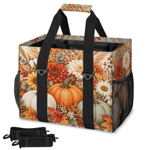 CURLYOOT Fall Pumpkin Floral Reusable Grocery Bag, Large Shopping Tote ...