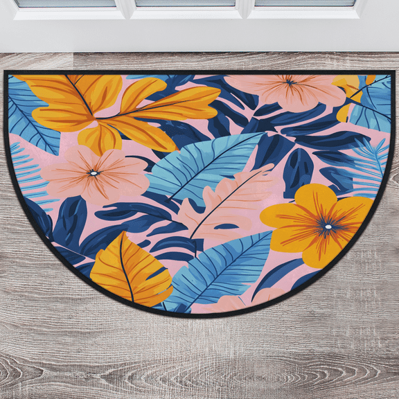 CURLYOOT Tropical Leaves Half Round Door Mat, Indoor Outdoor Entrance Rug, Flower Semi Circular Area Rug, Non Slip Washable Absorbent Doormat, Laundry Room Rug 24'' x 36''