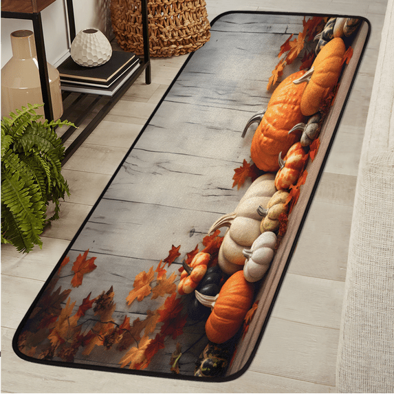 CURLYOOT Fall Pumpkin Runner Rug 2'x6' Washable Kitchen Runner Rug Indoor Non Slip Laundry Rugs Wooden Rustic Floor Carpet for Hallway Kitchen Entryway Bedroom Living Room