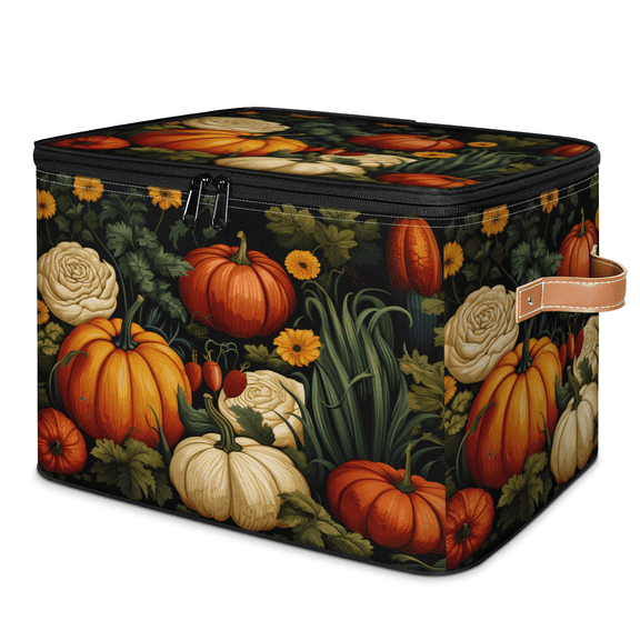 CURLYOOT Fall Pumpkin Storage Bins with Zipper Lid Fabric Storage Baskets Boxes Autumn Plants Washable Foldable Clothes Organizer Container with Leather Handles for Shelves Closet