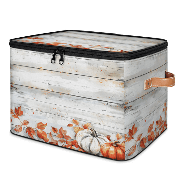 CURLYOOT Fall Pumpkins Leaves Wooden Storage Bins with Lid, Decorative Fabric Storage Boxes, Foldable Closet Shelf Organizer Baskets for Bedroom, Living Room, Home