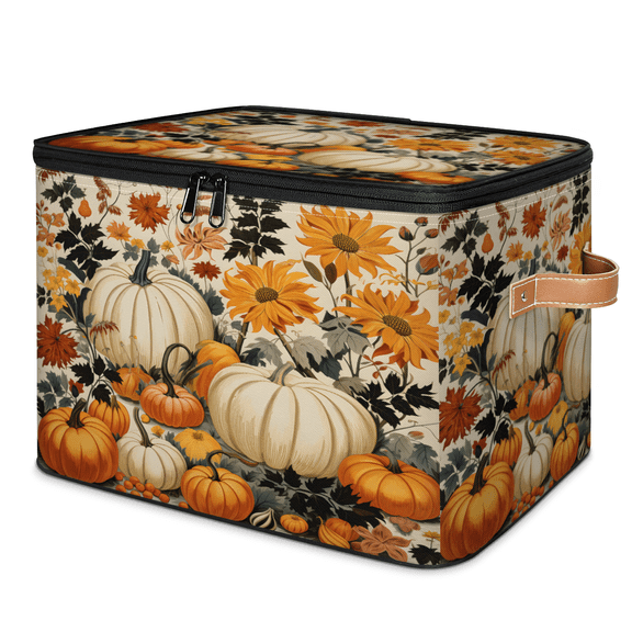 CURLYOOT Fall Storage Bins with Zipper Lid Fabric Storage Baskets Boxes Pumpkin Sunflower Washable Foldable Clothes Organizer Container with Leather Handles for Shelves Closet