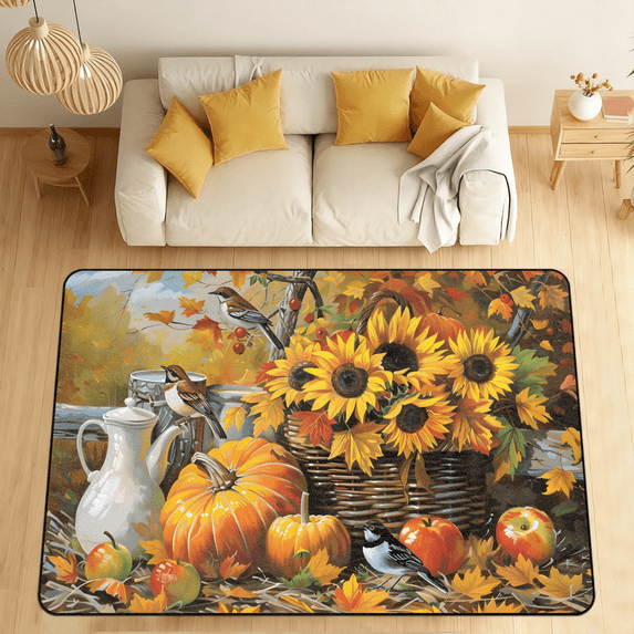 CURLYOOT Fall Sunflower Watercolor Area Rugs 5'x7' Washable Rug Large Living Room Rug Non Slip Indoor Floor Carpet for Dining Room Bedroom Home