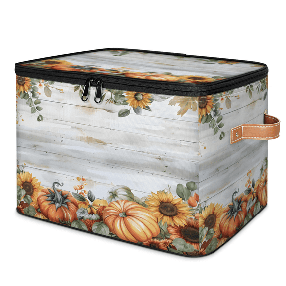 CURLYOOT Fall wooden Pumpkin Leaves Storage Bins with Lid, Decorative Fabric Storage Boxes, Foldable Closet Shelf Organizer Baskets for Bedroom, Living Room, Home