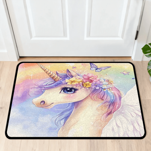 CURLYOOT Fancy Cartoon Unicorn Indoor Doormat, Non-Slip Absorbent Door Mat 24" x 16", Entrance Floor Mat Washable Entry Doormats for Entryway Front Back Door