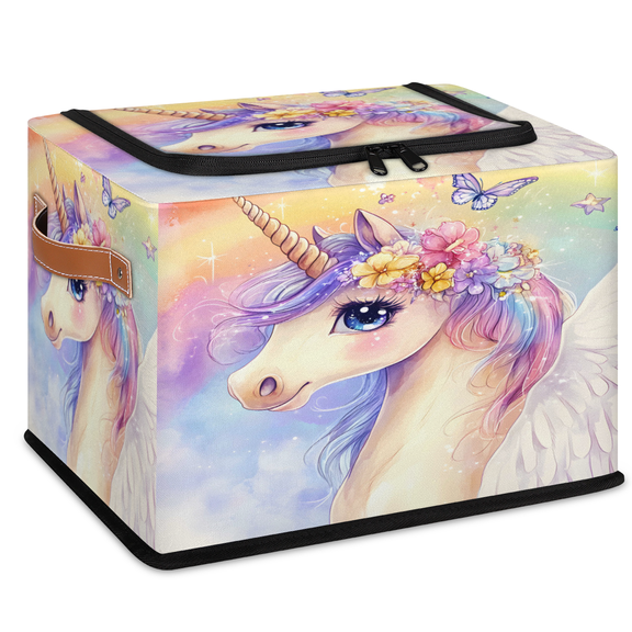 CURLYOOT Fancy Cartoon Unicorn Storage Bin with Zipper Lid, Foldable Clothes Organizer Lidded Storage Baskets, Rectangular Box Closet Shelf Organizer