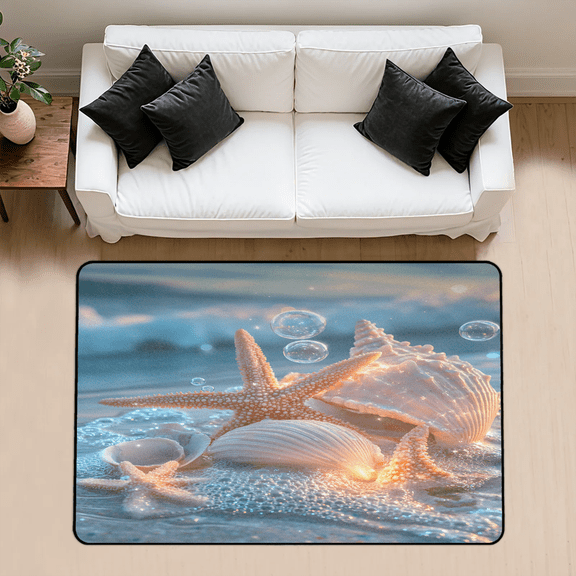 CURLYOOT Fancy Starfish and Seashells Beach Area Rug 3x5 Ft Rugs for Entryway Entrance Kitchen, Washable Non Slip Indoor Floor Carpet for Bedroom Living Room