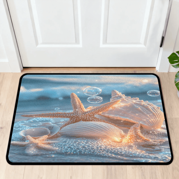 CURLYOOT Fancy Starfish and Seashells Beach Indoor Doormat, Non-Slip Absorbent Door Mat 24" x 16", Entrance Floor Mat Washable Entry Doormats for Entryway Front Back Door