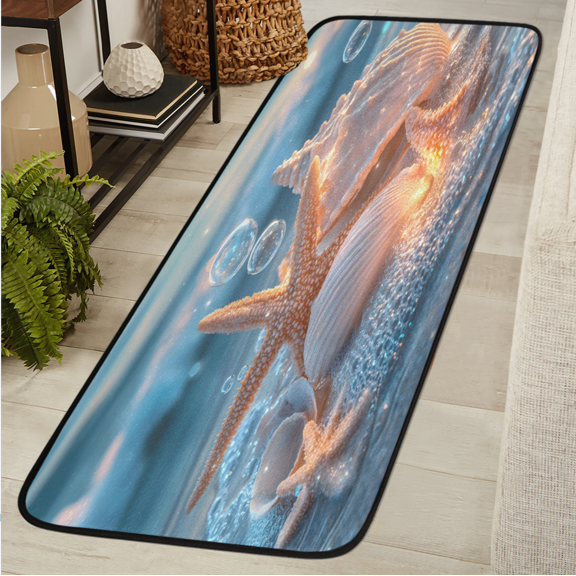 CURLYOOT Fancy Starfish and Seashells Beach Runner Rug 2'x6' Washable Kitchen Runner Rug Indoor Non Slip Laundry Rugs Floor Carpet for Hallway Kitchen Entryway Bedroom Living Room