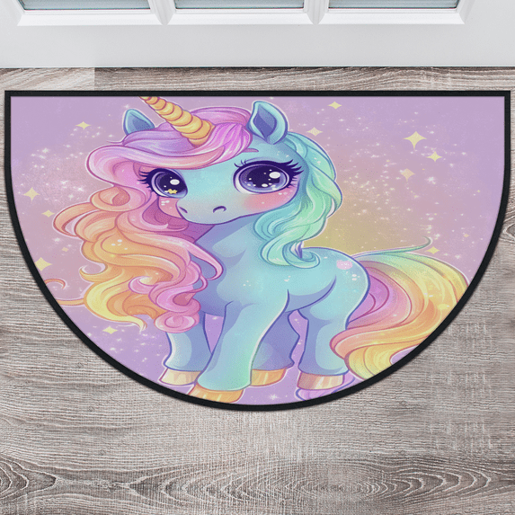 CURLYOOT Fancy Unicorn Cartoon Animal Pattern Half Round Door Mat 24'' x 36'', Indoor Outdoor Entrance Rug, Semi Circular Area Rug, Non Slip Washable Absorbent Doormat, Laundry Room Rug