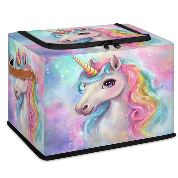 CURLYOOT Fantasy Colorful Animal Rainbow Unicorn Storage Bin With Zipper Lid, Foldable Clothes Organizer Lidded Storage Baskets, Rectangular Box Closet Shelf Container Organizer for Home Dorm