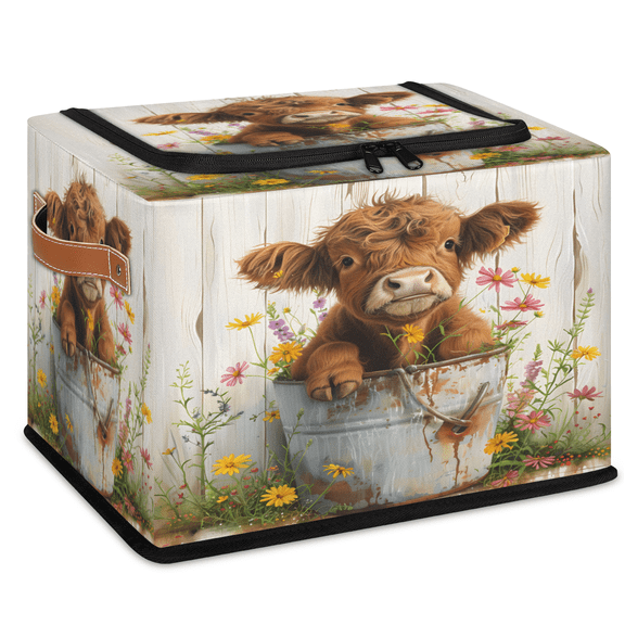 CURLYOOT Farm Cute Cattle Cow Storage Bin With Zipper Lid, Foldable Clothes Organizer Lidded Storage Baskets, Rectangular Box Closet Shelf Container Organizer for Home Dorm