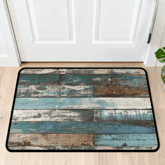 CURLYOOT Farmhouse Blue Wooden Indoor Doormat, Non-Slip Absorbent Door Mat 24" x 16", Entrance Floor Mat Washable Entry Doormats for Entryway Front Back Door