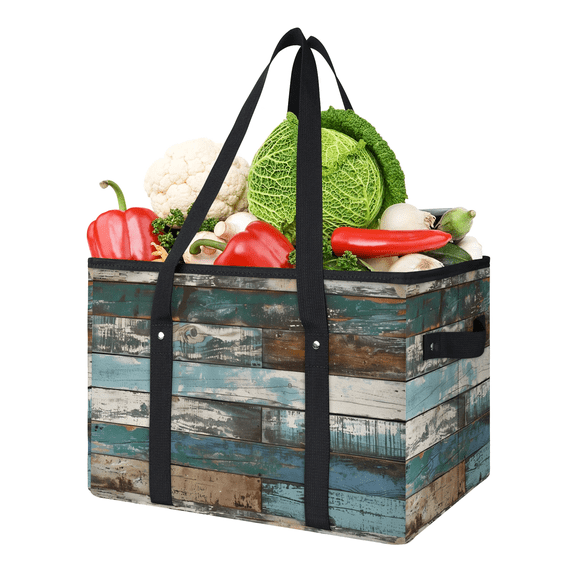CURLYOOT Farmhouse Blue Wooden Reusable Grocery Bag, Large Foldable Grocery Totes Shopping Bag for Groceries, Shopping Bags with Handles for Kitchen Trunk Picnic