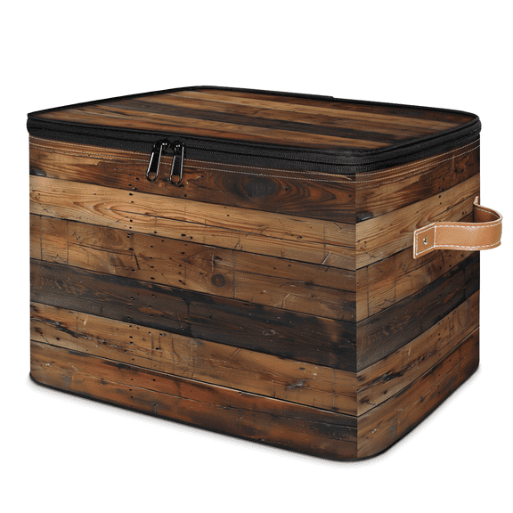 CURLYOOT Farmhouse Brown Wooden Fabric Storage Bins with Lids, Foldable Storage Boxes Washable Storage Cube, Closet Bedroom Home Organizer Containers with PU Leather Handles